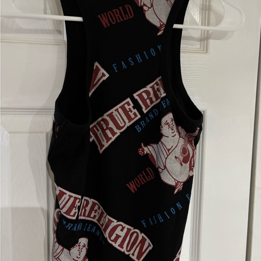 True Religion Black Tee with Red and Blue Accents